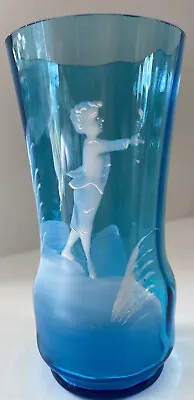 Victorian Mary Gregory Hand Blown Blue Vase-Young Man Giving A Rose Hand Painted • $156