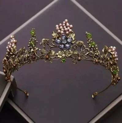 Luxury Women's Floral Tiara Forest Queen Crystal Vintage Gold Crown Vintage Hair • $8.65
