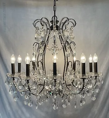 Vintage 10 Arms Chandelier Crystal Glass Prisms Ceiling 11 Light Pendant Lamp • $335