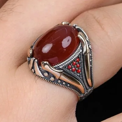 Handmade Natural Red Agate Yemen Aqeeq Vintage 925 Sterling Silver Men Ring • $60.12