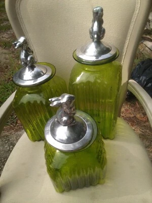 $29 • Buy Artland Green Glass Canister Set- Vintage & Solid Metal Lids 