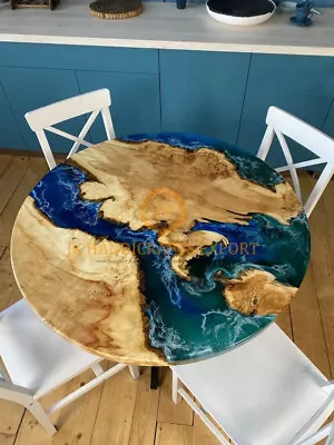 Round Custom Order Blue  Epoxy Coffee Console Table Top Antique Resin Table  • $196.35