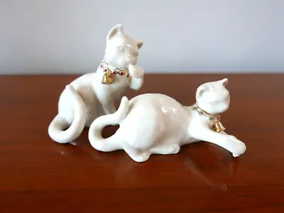 Adorable Pair Of Mann Porcelain Cats Kittens Figurines With Gold Collars & Bells • $41.97