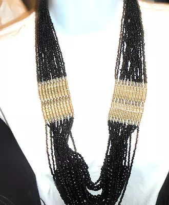 Long  Bib Necklace Monies Style Multi Strands Jet Black Glass Beads Gold Tone  • $99