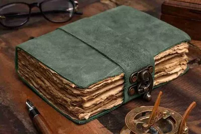 Vintage Leather Journal Notebook Green Handmade Unique Antique Deckle Edge Paper • $27.89