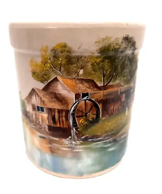 Roseville OH 2 Qt Stone Crock Pottery Handpainted Watermill & Creek Scene Signed • $32