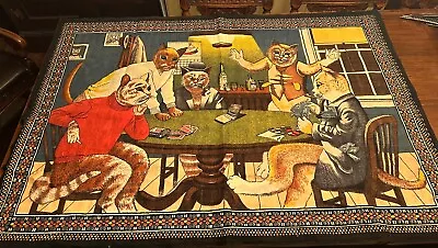 Antique Tapestry Cats Playing Poker P. T.C. 54” X 36” Wall Hang Rug • $95