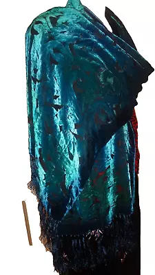 Stunning BESARANI Teal Blue Mix Velvet Silk Blend Fringed Shawl Wrap 85” X 20” • £25