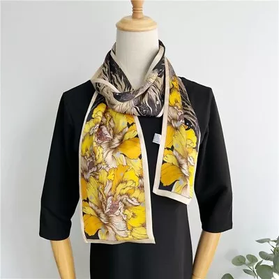 100% Mulberry Silk Long Scarf Women Vintage Yellow Flower Neckerchief 150*15cm • $14.32