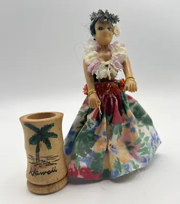 Vintage Hula Girl Dancing Figurine Hula Action Hawaii Kitsch & Wood Holder • $14