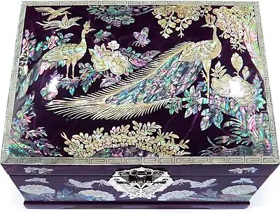 Mother Of Pearl Jewelry Box Ring Organizer Two Level Peacock Purple Handmade • $222.99