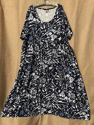 Ulla Popken Dress Blue Artsy Floral A-Line Stretch Knit Sundress Plus Size 28/30 • £32.80