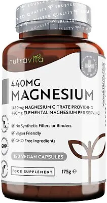 £16.99 • Buy Magnesium Citrate 440mg 180 Vegan Capsules - For Energy, Fatigue, Muscle Cramps