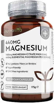 Magnesium Citrate 440mg 180 Vegan Capsules - For Energy Fatigue Muscle Cramps • £18.99