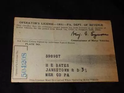 Vintage 1931 Operator's License Pa Dept Of Revenue Drivers Automobile Auto • $11.99