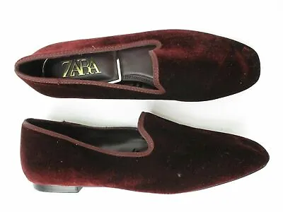$88 • Buy Zara VELVET Smoking Slipper Slip On Flats In Burgundy 7.5 NWOB