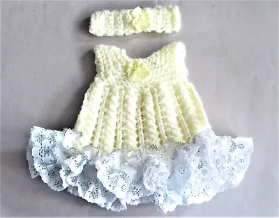 £5 • Buy Hand Knitted Dolls Clothes. Fit 12  Baby Doll. Lemon With White Lace.