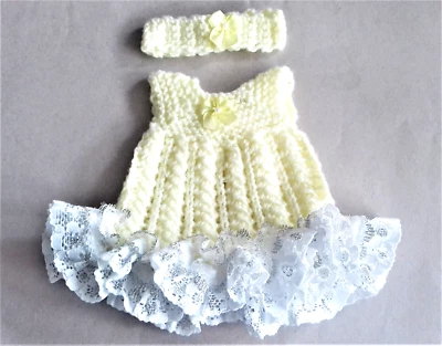 £5 • Buy Hand Knitted Dolls Clothes. Fit 12  Baby Doll. Lemon With White Lace.