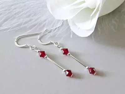 Slim Sterling Silver Tubes Earrings With Premium Quality Dark Red Crystals • £12.45