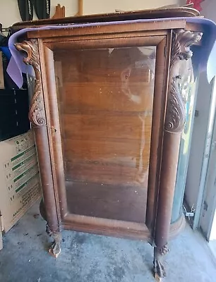 Antique Vintage Tiger Oak Curved Glass Display Case- Roaring Lion Head/Claw Feet • $999