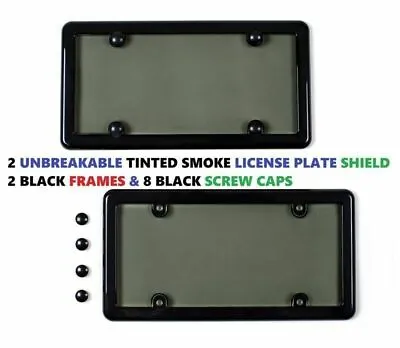 $15.95 • Buy 2 Unbreakable Tinted Smoke License Plate Shield Covers + 2 Black Frames + 8 Caps
