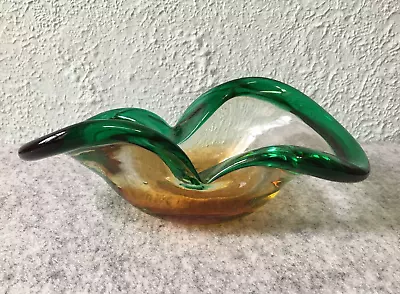 Art Glass Ashtray Vintage Mid-Century Modern Green Yellow FreeForm Handmade Bowl • $64.74