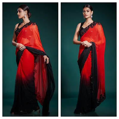 Stunning Ombre Shaded Red Black Georgette Saree Embroidery Sequins Work Blouse • £42