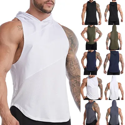 Men Vest Hooded Tank Top Workout Hoodie Muscle Tee T-Shirt Sleeveless Gym Sports • £10.59