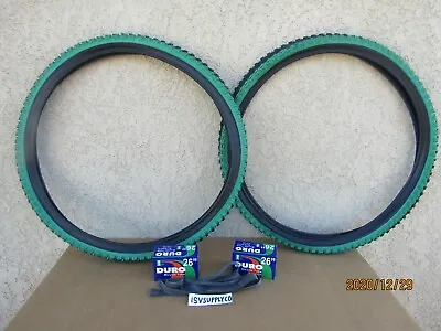 $49.99 • Buy [2] 26''x 1.95 BLACK & GREEN BICYCLE TIRES, TUBES & LINERS FOR MTB, CRUISER, ETC