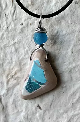 Mothers Day Gift Genuine Sea Pottery Necklace Casual Leather Cord Blue • $11