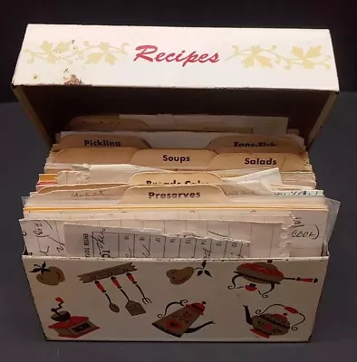 VTG Ohio Art Tin Kitchen Recipe Box Utensils W/Handwritten Recipes (See Notes) • $28.88