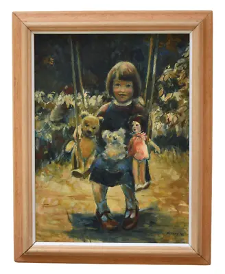 Alvary Scott Original Oil Painting Girl With Teddy Bear Koala And Doll • £295