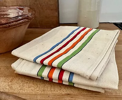 £42 • Buy 4 Vintage French Long Linen Tea Towels Cream + Coloured Stripes + Hanging Loops