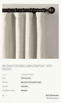 Restoration Hardware RH 100 X 96 Belgian Textured Linen Drapery Natural Privacy • $185