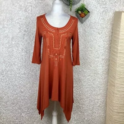 Monoreno Burnt Orange Aztec Embroidered Boho Sharkbite Dress Size S • $22.40