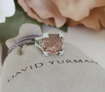 David Yurman Sterling Silver 14mm Cushion On Point Ring Morganite & Diamonds • $295