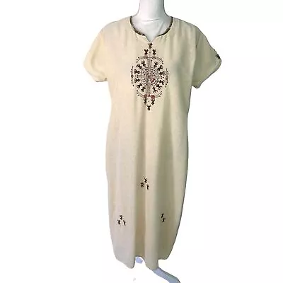 Krusha Vintage Womens Tunic Dress Cream Embroidered Bohemian Linen Blend India • $57.57