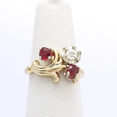 Vintage 14k Gold Mine Cut Diamond Red Spinel Floral Ring • $568.10