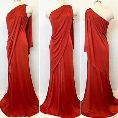 Vintage 70s Frederick’s Of Hollywood Silky Satin Draped Column Maxi Gown Dress • $328