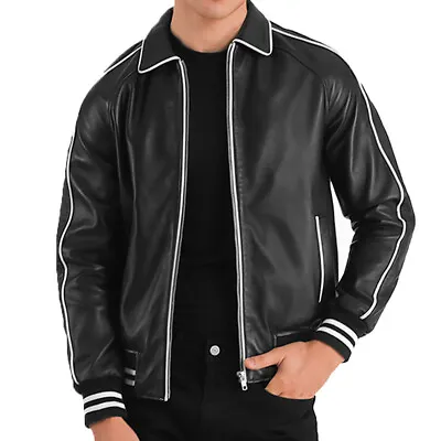 Men's Black Leather Cooper Halloween Costume Fashion Varsity Bomber Jacket • £77.85