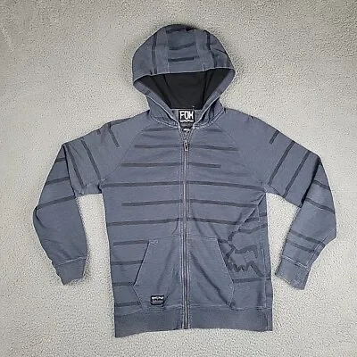 Fox Racing Hoodie Men's Medium Blue Black Stripe Jacket Full Zip Knit Kanagroo • $19.60