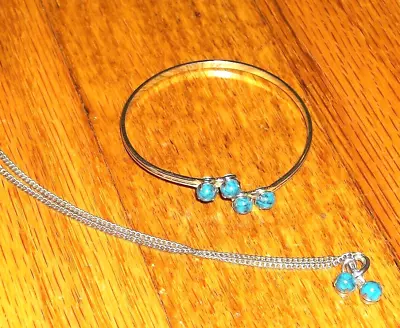 VINTAGE 60s CHILD SET SILVER FAUX? TURQUOISE NECKLACE & BRACELET ORIGINAL OWNER • $28.99