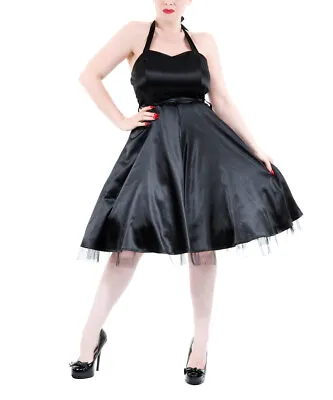 H & R London BLACK SATIN Halter Dress With Tulle Retro PINUP 50's S 0211 • $40