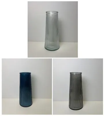 Tall Ribbed Glass Vase H22.5cm X D10cm - Grey Clear Or Blue - Flower Arrangement • £7.99