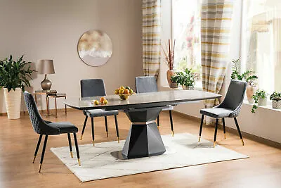 £1077 • Buy  CORTEZ  Anthracite & Grey Ceramic Marble Extending Dining Table & Velvet Chairs