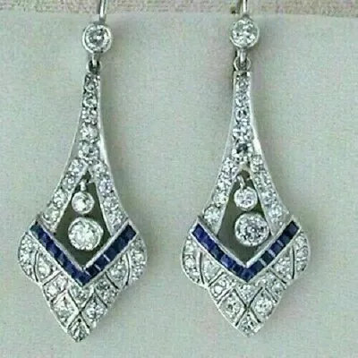 Art Deco Vintage Style 3.85Ct Diamond & Sapphire Drop Dangle 925 Silver Earrings • $67.90