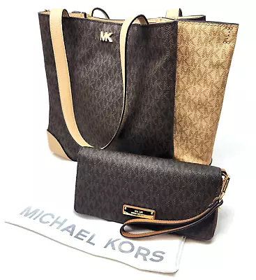 MICHAEL KORS Gala Signature Logo Tall Tote Signature Brown And Tan With Wallet • $87.96