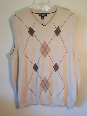 New Roundtree & Yorke Size XL V-Neck Argyle Sweater Vest Cotton Beige NWT $50 • $16