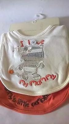 Mamas & Papas 2 Baby Bibs Cats I Love My Mummy Little Pumpkin Orange Feeding * • £10