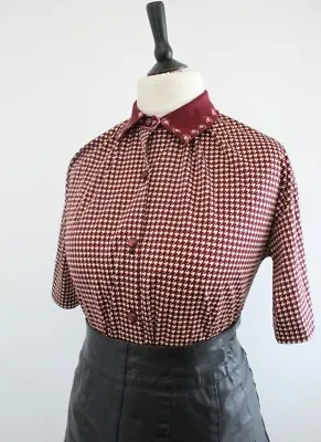Vintage 1970s Dogtooth Shirt Retro Short Sleeve BEATNIK Mod Blouse Top 16 18 • £11.99